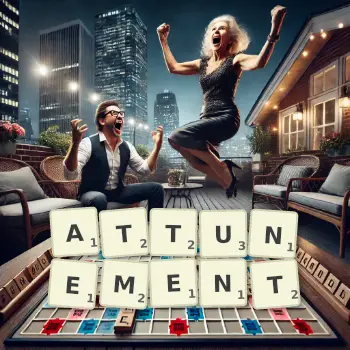 Creative illustration for a Scrabble game with the word ATTUNEMENT spelled out in tiles on the board.