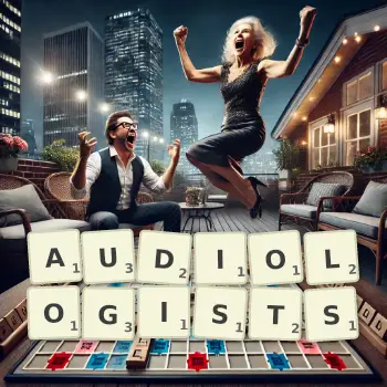 Creative illustration for a Scrabble game with the word AUDIOLOGISTS spelled out in tiles on the board.
