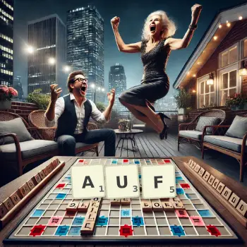 Creative illustration for a Scrabble game with the word AUF spelled out in tiles on the board.