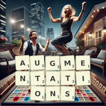 Creative illustration for a Scrabble game with the word AUGMENTATIONS spelled out in tiles on the board.