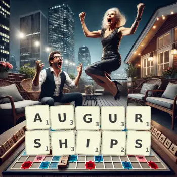 Creative illustration for a Scrabble game with the word AUGURSHIPS spelled out in tiles on the board.