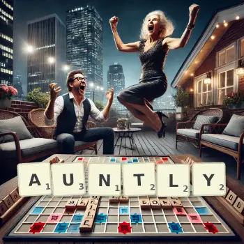 Creative illustration for a Scrabble game with the word AUNTLY spelled out in tiles on the board.