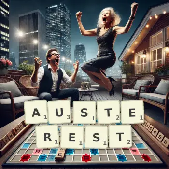 Creative illustration for a Scrabble game with the word AUSTEREST spelled out in tiles on the board.