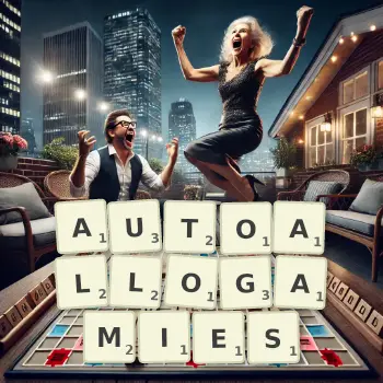 Creative illustration for a Scrabble game with the word AUTOALLOGAMIES spelled out in tiles on the board.