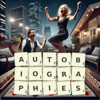 Creative illustration for a Scrabble game with the word AUTOBIOGRAPHIES spelled out in tiles on the board.