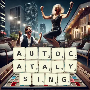 Creative illustration for a Scrabble game with the word AUTOCATALYSING spelled out in tiles on the board.