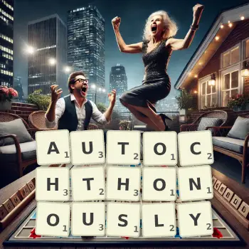 Creative illustration for a Scrabble game with the word AUTOCHTHONOUSLY spelled out in tiles on the board.