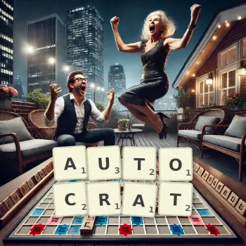 Creative illustration for a Scrabble game with the word AUTOCRAT spelled out in tiles on the board.