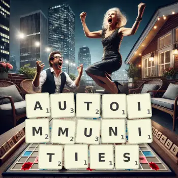 Creative illustration for a Scrabble game with the word AUTOIMMUNITIES spelled out in tiles on the board.
