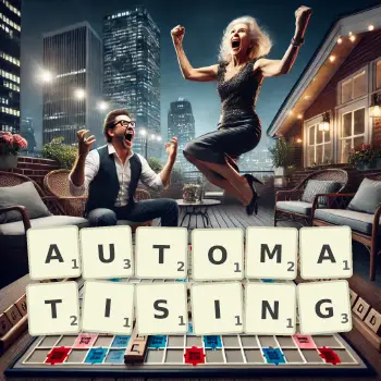 Creative illustration for a Scrabble game with the word AUTOMATISING spelled out in tiles on the board.