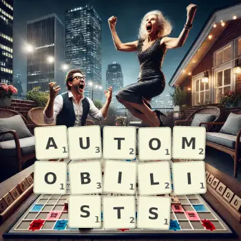 Creative illustration for a Scrabble game with the word AUTOMOBILISTS spelled out in tiles on the board.