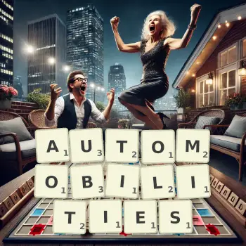 Creative illustration for a Scrabble game with the word AUTOMOBILITIES spelled out in tiles on the board.