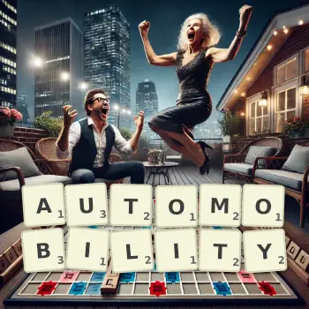 Creative illustration for a Scrabble game with the word AUTOMOBILITY spelled out in tiles on the board.
