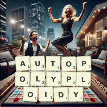 Creative illustration for a Scrabble game with the word AUTOPOLYPLOIDY spelled out in tiles on the board.