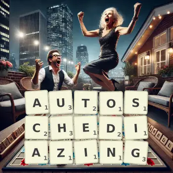 Creative illustration for a Scrabble game with the word AUTOSCHEDIAZING spelled out in tiles on the board.