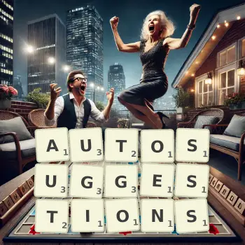 Creative illustration for a Scrabble game with the word AUTOSUGGESTIONS spelled out in tiles on the board.