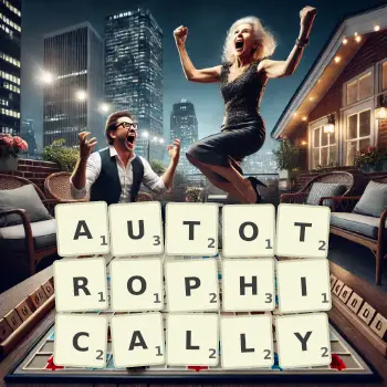 Creative illustration for a Scrabble game with the word AUTOTROPHICALLY spelled out in tiles on the board.