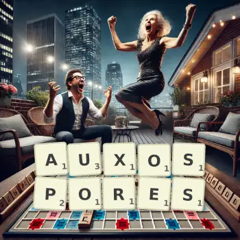 Creative illustration for a Scrabble game with the word AUXOSPORES spelled out in tiles on the board.