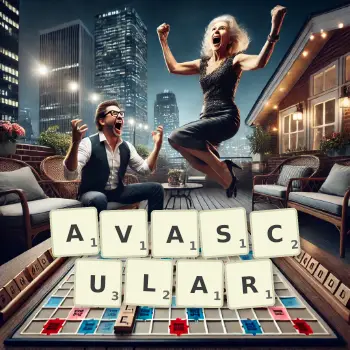 Creative illustration for a Scrabble game with the word AVASCULAR spelled out in tiles on the board.