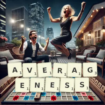 Creative illustration for a Scrabble game with the word AVERAGENESS spelled out in tiles on the board.