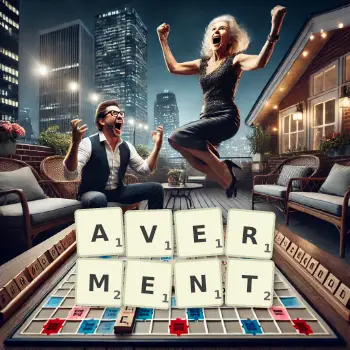 Creative illustration for a Scrabble game with the word AVERMENT spelled out in tiles on the board.