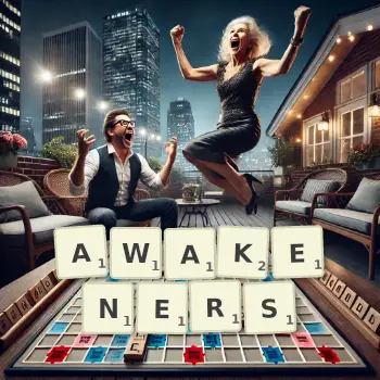 Creative illustration for a Scrabble game with the word AWAKENERS spelled out in tiles on the board.