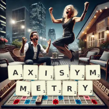Creative illustration for a Scrabble game with the word AXISYMMETRY spelled out in tiles on the board.