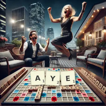 Creative illustration for a Scrabble game with the word AYE spelled out in tiles on the board.