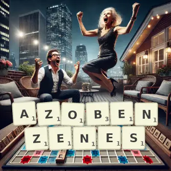 Creative illustration for a Scrabble game with the word AZOBENZENES spelled out in tiles on the board.