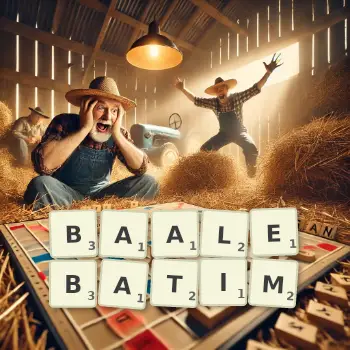 Creative illustration for a Scrabble game with the word BAALEBATIM spelled out in tiles on the board.