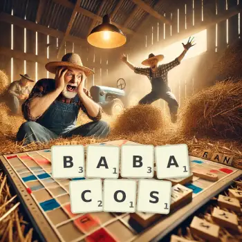 Creative illustration for a Scrabble game with the word BABACOS spelled out in tiles on the board.