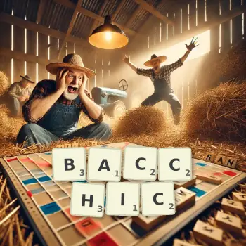 Creative illustration for a Scrabble game with the word BACCHIC spelled out in tiles on the board.