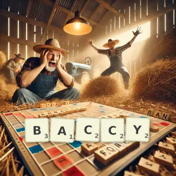 Creative illustration for a Scrabble game with the word BACCY spelled out in tiles on the board.