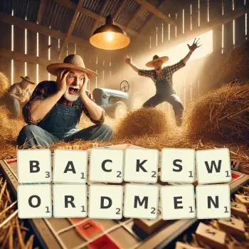 Creative illustration for a Scrabble game with the word BACKSWORDMEN spelled out in tiles on the board.