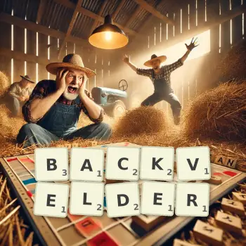 Creative illustration for a Scrabble game with the word BACKVELDER spelled out in tiles on the board.