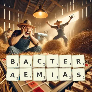 Creative illustration for a Scrabble game with the word BACTERAEMIAS spelled out in tiles on the board.