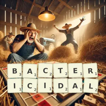 Creative illustration for a Scrabble game with the word BACTERICIDAL spelled out in tiles on the board.