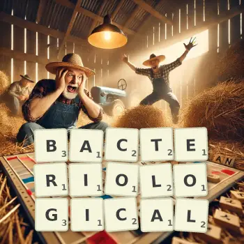 Creative illustration for a Scrabble game with the word BACTERIOLOGICAL spelled out in tiles on the board.