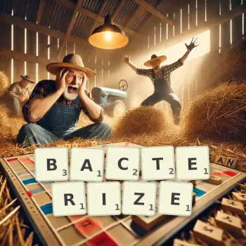 Creative illustration for a Scrabble game with the word BACTERIZE spelled out in tiles on the board.
