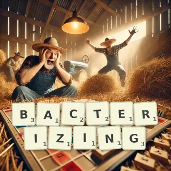 Creative illustration for a Scrabble game with the word BACTERIZING spelled out in tiles on the board.