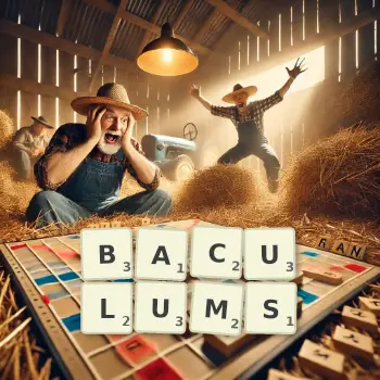 Creative illustration for a Scrabble game with the word BACULUMS spelled out in tiles on the board.