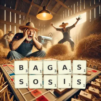 Creative illustration for a Scrabble game with the word BAGASSOSIS spelled out in tiles on the board.