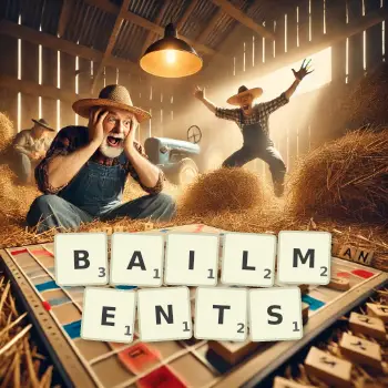 Creative illustration for a Scrabble game with the word BAILMENTS spelled out in tiles on the board.