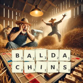 Creative illustration for a Scrabble game with the word BALDACHINS spelled out in tiles on the board.