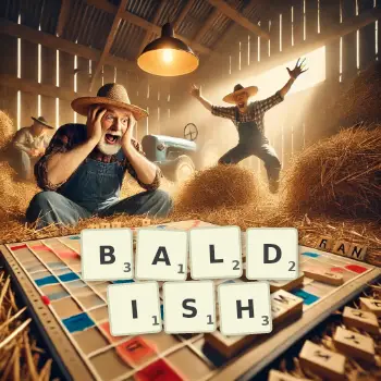 Creative illustration for a Scrabble game with the word BALDISH spelled out in tiles on the board.