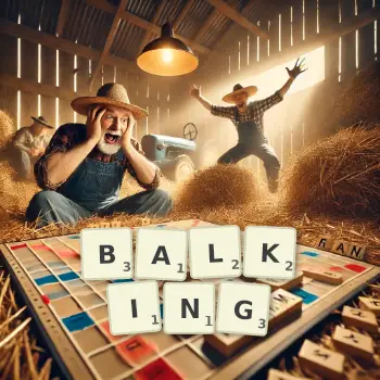 Creative illustration for a Scrabble game with the word BALKING spelled out in tiles on the board.
