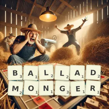 Creative illustration for a Scrabble game with the word BALLADMONGER spelled out in tiles on the board.