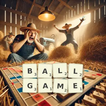 Creative illustration for a Scrabble game with the word BALLGAME spelled out in tiles on the board.