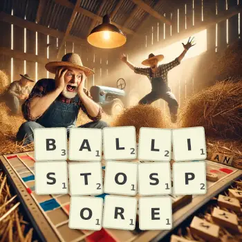 Creative illustration for a Scrabble game with the word BALLISTOSPORE spelled out in tiles on the board.