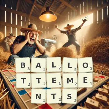 Creative illustration for a Scrabble game with the word BALLOTTEMENTS spelled out in tiles on the board.